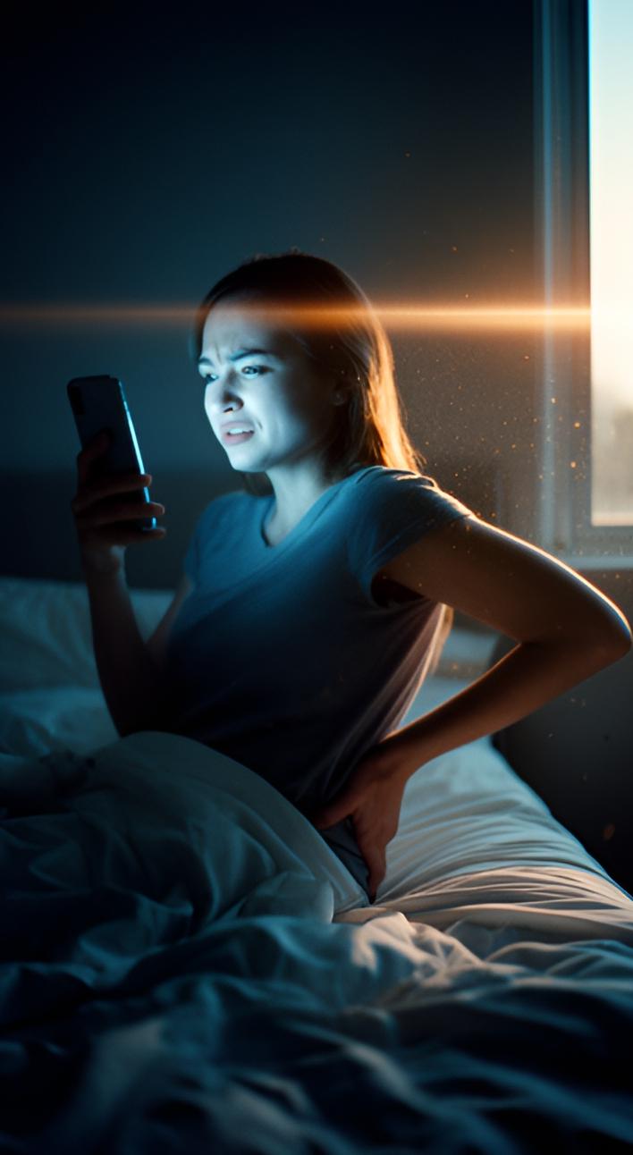 A woman sits up in bed before dawn, holding her sore lower back and looking at her phone.