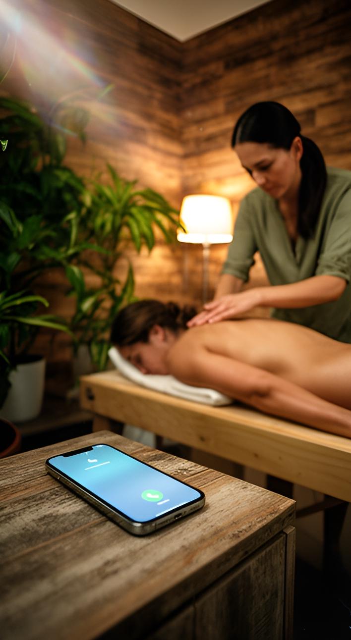 A therapist works on a client while her phone lights up with a call on the counter.