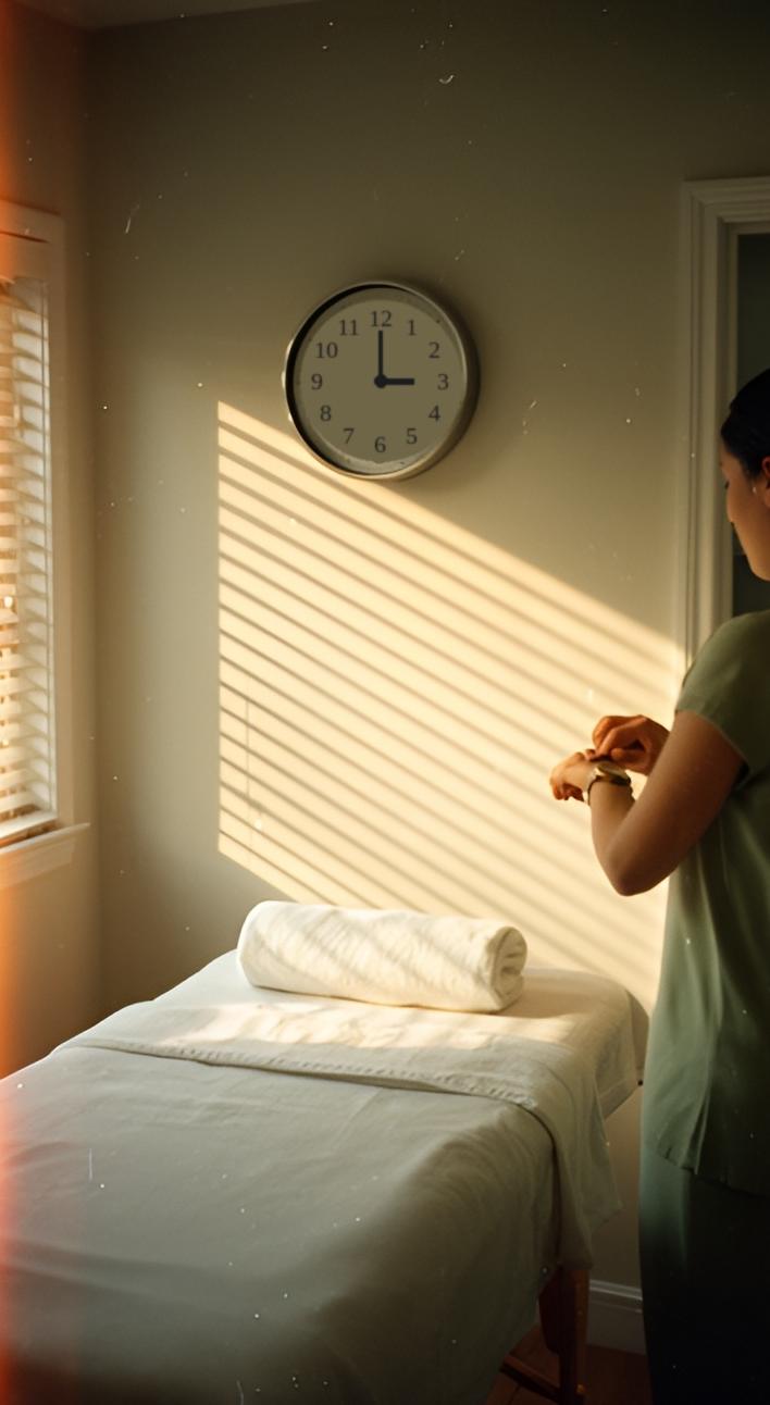An empty treatment room, the clock on the wall at three, the therapist checking her watch in the doorway.