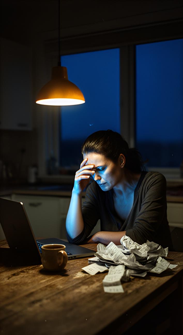 Late at night at the kitchen table, she rubs her eyes in front of a laptop and a pile of receipts.